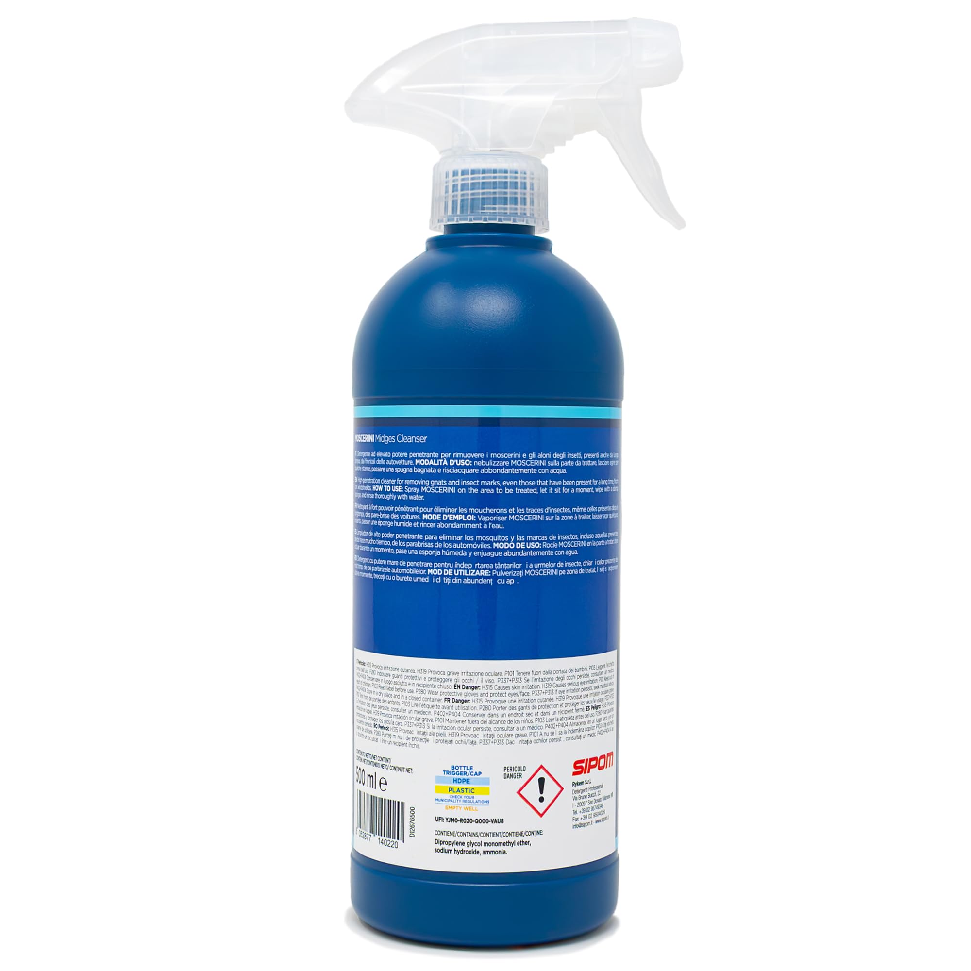 SIPOM MOSCERINI Rimuovi Insetti Auto Spray 500ml | Detergente Moscerini per Carrozzeria, Parabrezza e Fari | Scioglie Insetti Secchi e Sporco Ostinato | Non Danneggia la Vernice | Made in Italy