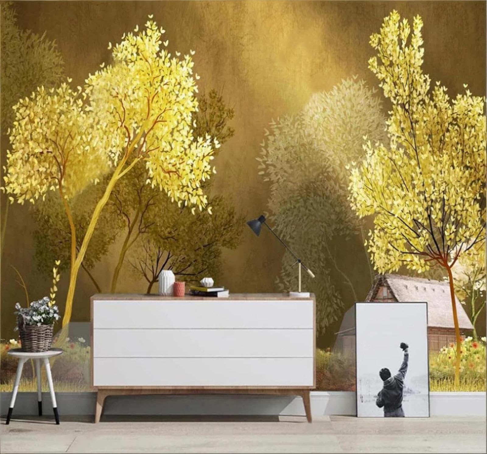 XLMING Hand Drawn Three Dimensional Forest Log Cabin Landscape 3D Wallpaper Luxury Silk Study Dining Feature Sofa Grey Bedroom Living Room Tv Decorative Wall-250cm×170cm