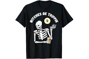 Witches Be Trippin Funny Halloween Skeleton and Witch Pun Spooky Party T-Shirt