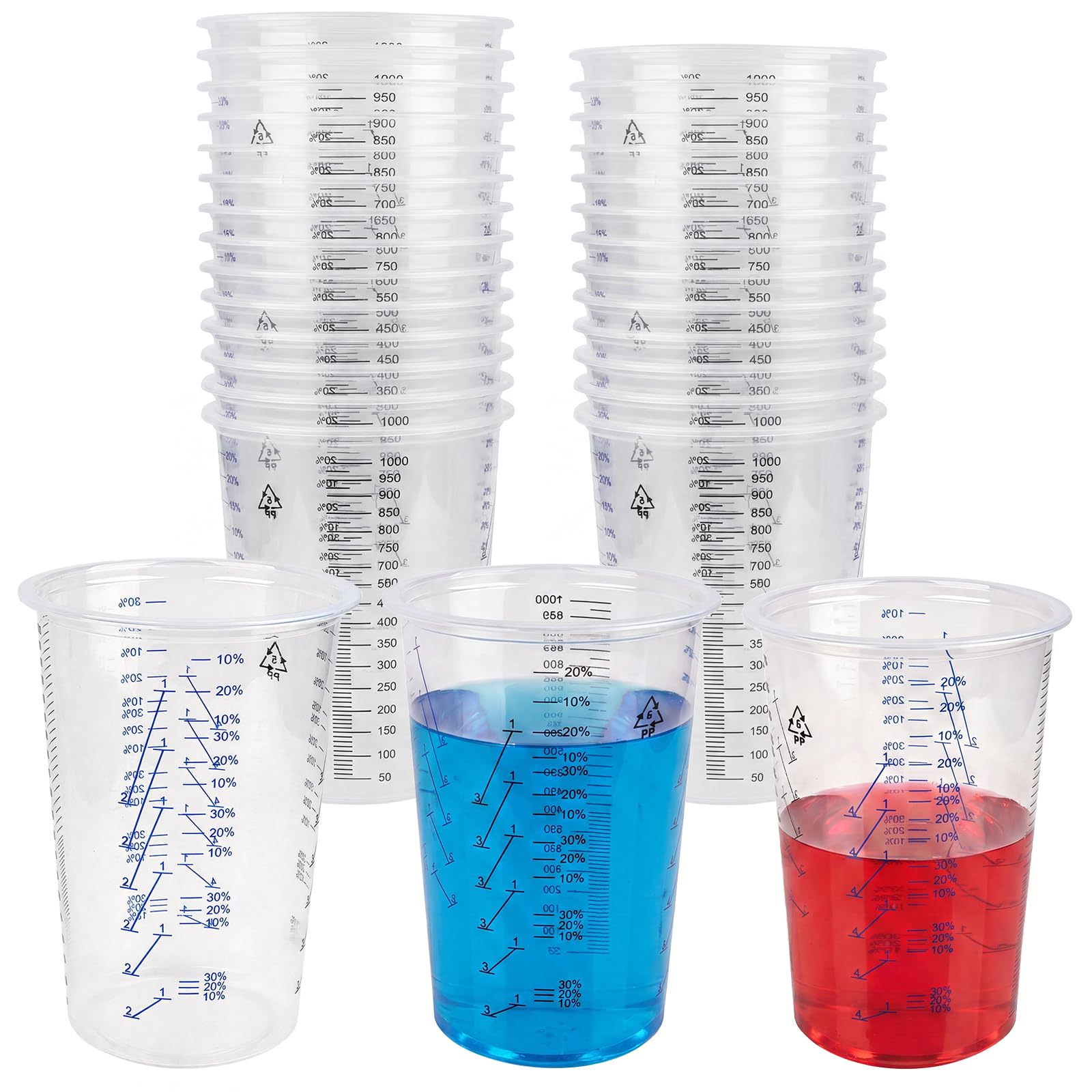 Lot de 30 tasses à mesurer en plastique transparent de 1 000 ml avec échelle double face, tasses graduées pour mélange de pigments, artisanat, cuisine, laboratoire