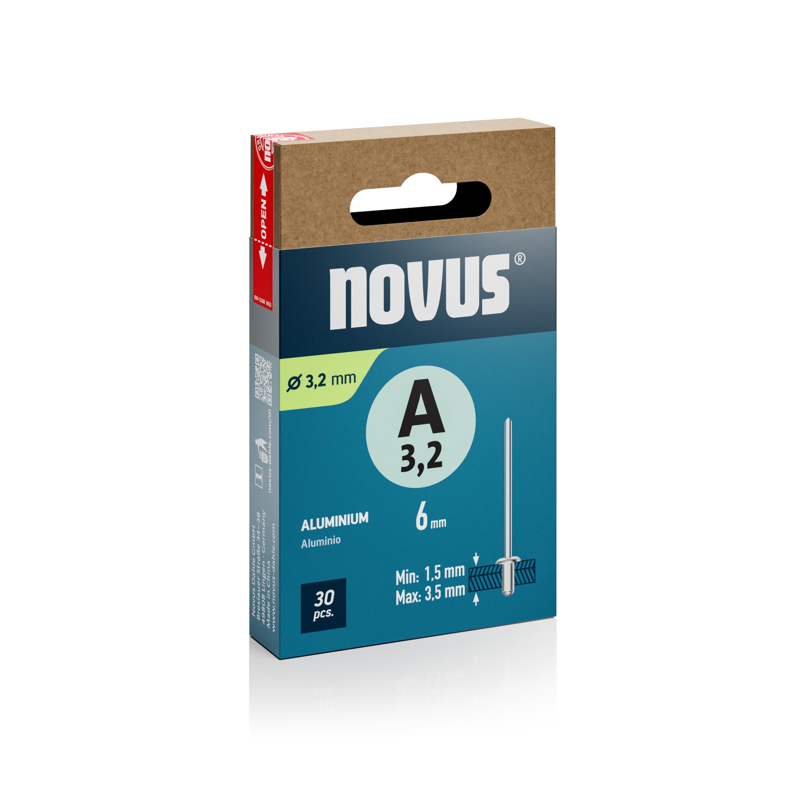 Novus Tools Aluminiowe nity zrywalne Ø 3,2 mm, długość 6 mm, 30 nitów, długość zacisku 1,5-3,5 mm, idealne do mocowania metali nieżelaznych, tworzyw sztucznych, skóry i materiałów