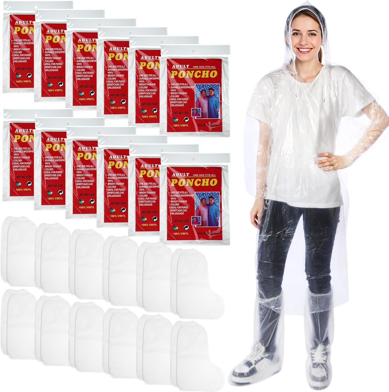 24 Pack Disposable Rain Ponchos for Adults Set 12 Pcs Clear Emergency Ponchos with Hoods Drawstring Elastic Sleeves and 12 Pairs Waterproof Shoe Boot Covers for Men Women Travel Camping
