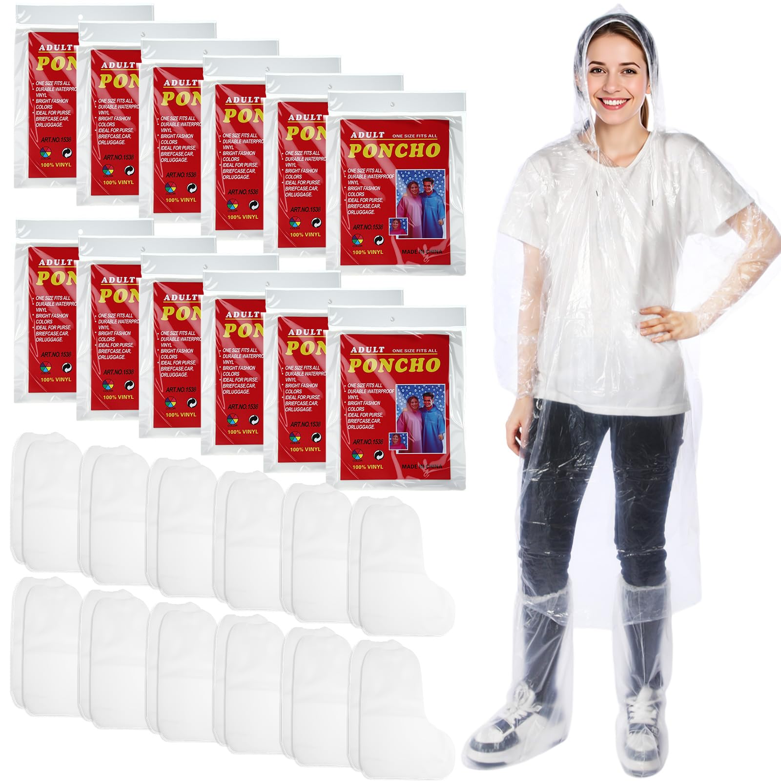 Chicingyou 24 Pack Disposable Rain Ponchos for Adults Set 12 Pcs Clear Emergency Ponchos with Hoods Drawstring Elastic Sleeves and 12 Pairs Waterproof Shoe Boot Covers for Men Women Travel Camping