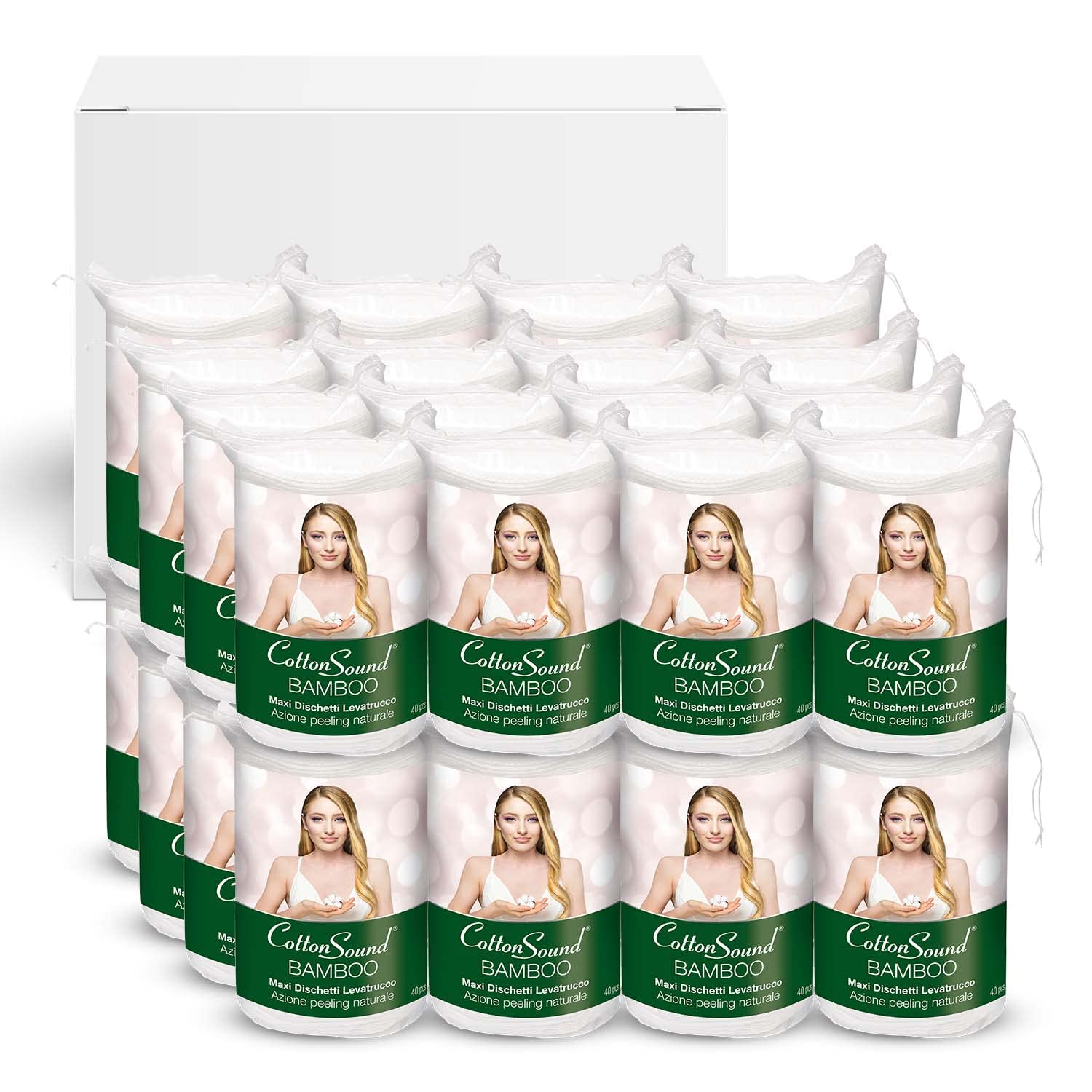 COTTON SOUND BAMBOO Maxi Dyskietki do demakijażu 24 opakowania x 40 sztuk, 100% bawełniane dyskietki z włóknem bambusowym, Naturalne Działanie Pelling, Gładka strona i wytłoczona strona, Made in Italy