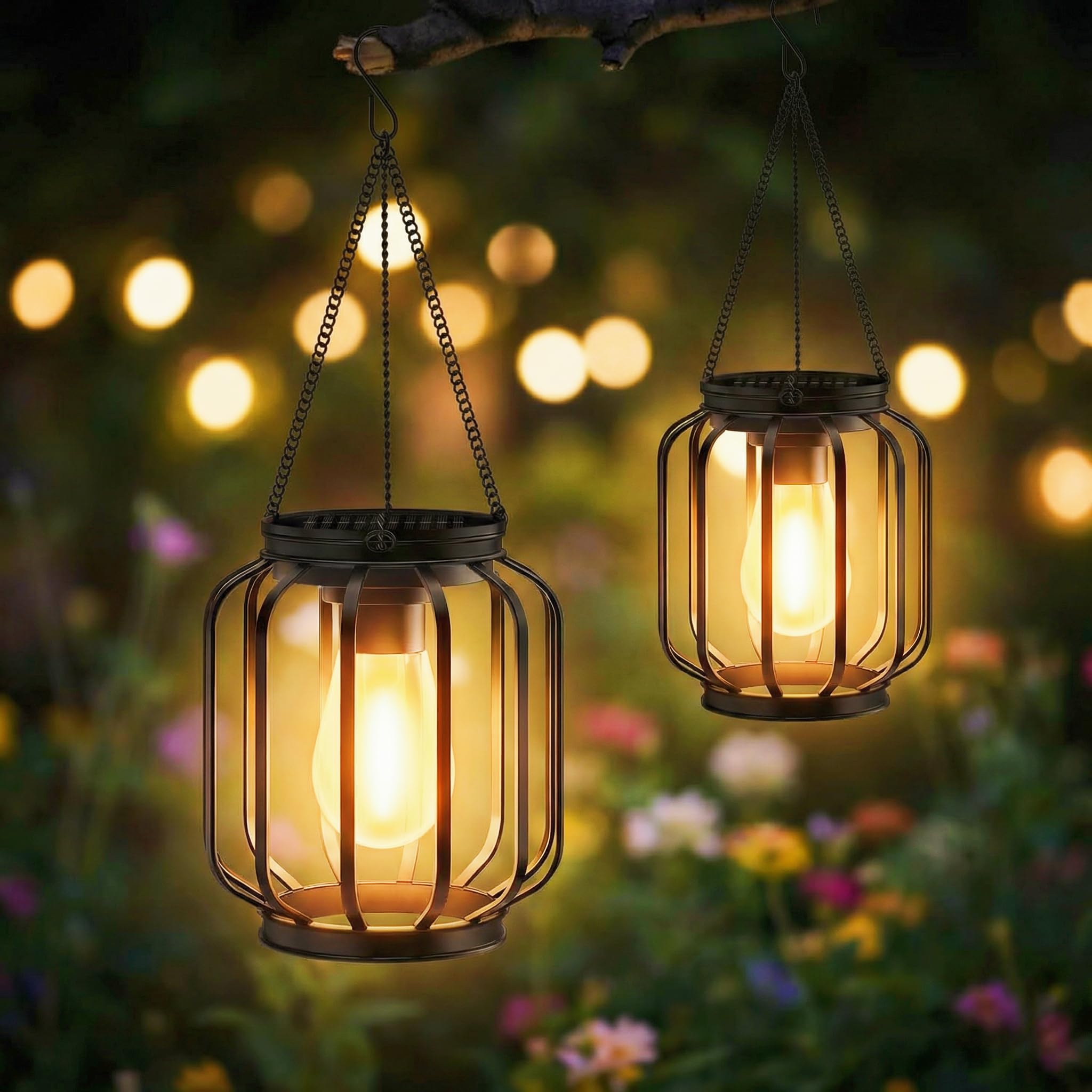 Solarlampen für Außen Hängend, 2 Stück Metall Solarlaterne für Außen mit Größer LED-Glühbirne, IP65 Wasserdicht Solarleuchten Balkon Deko mit Haken und Kette für Terrasse Rasen Balkon Hof