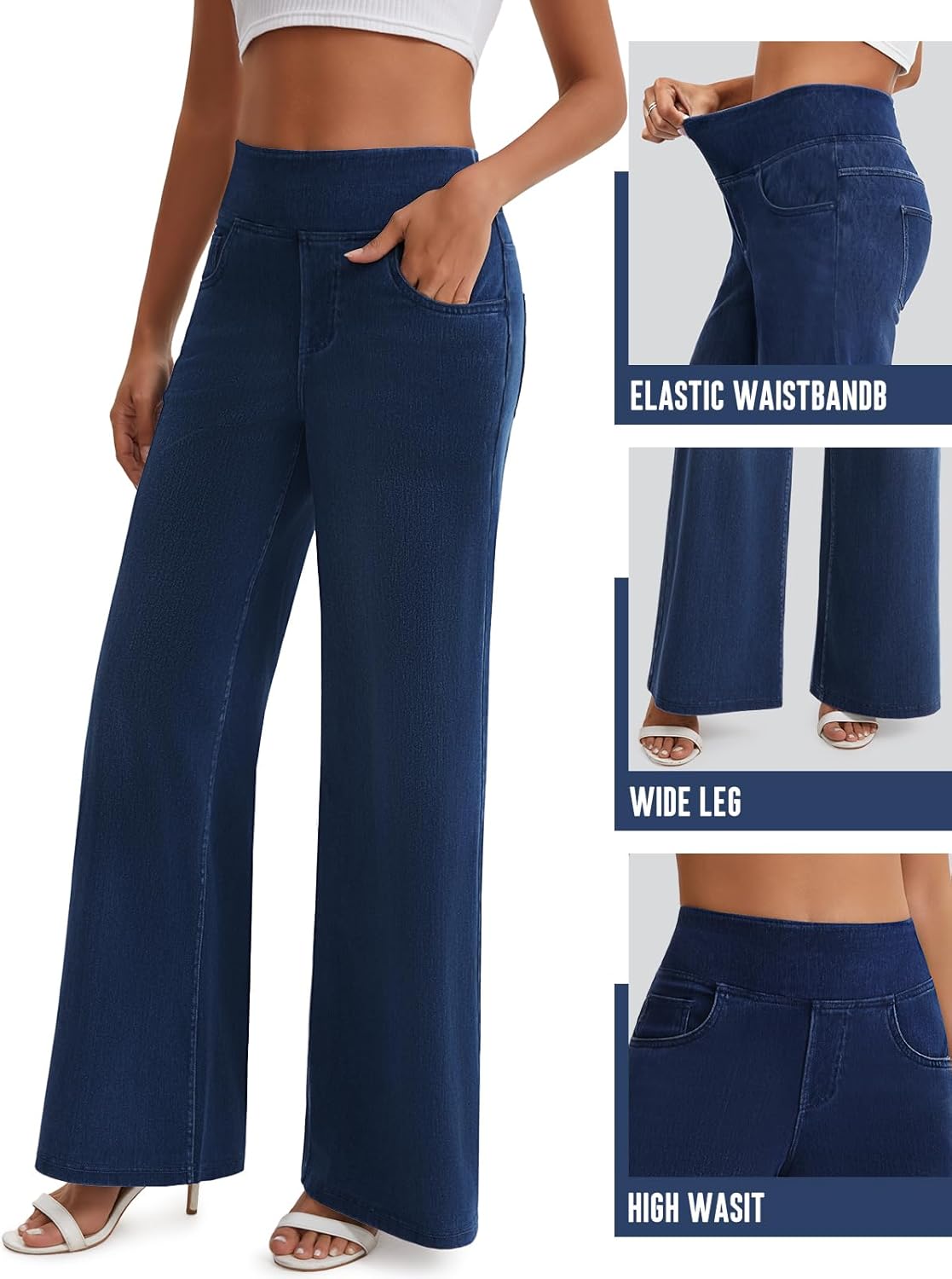 Women's Wide Leg Jeans High Waisted Pull On Baggy Jeans Stretchy Elastic Waist Sweatpant Trendy Loose Denim Pants - Image 4
