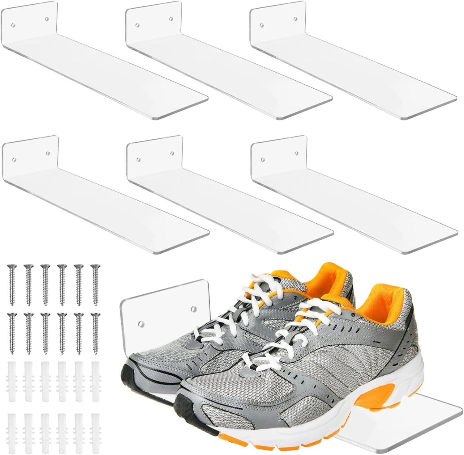 OMISTAR 6 Pcs Floating Shoe Shelves, Clear Shoe Display Shelves for Wall, Acrylic Wall Mount Sneaker Display Racks, Transparent Organizer Holders for Sneaker Collection