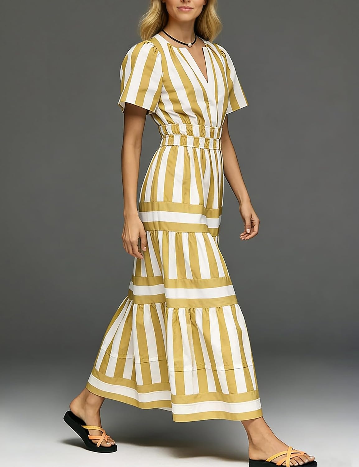 Summer Striped Maxi Dress for Women Casual V Neck Short Sleeve Flowy A Line Long Vacation Dresses Boho Beach Sundress