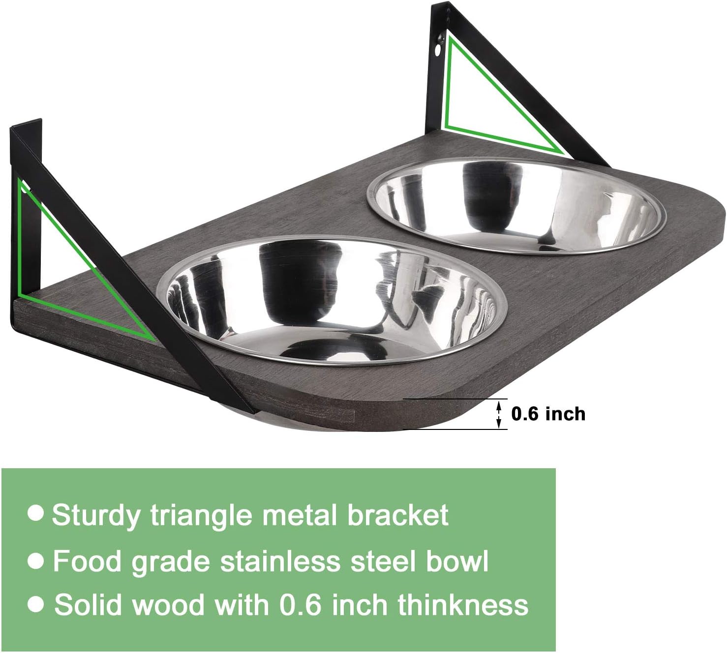 Emfogo Dog Bowls Customized Height Wall Mounted Elevated Pet Feeder with 2 Stainless Steel Dog or Cat Dishes and Storage Shelf Rustic Wood Raised Pet Bowls 15.9 in L