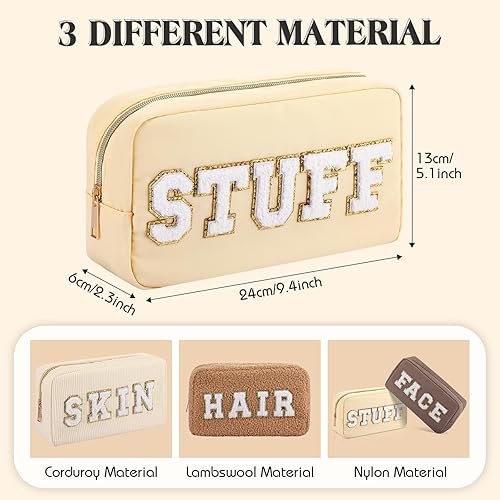 Miniatura 2 de Kajaia 4 Piezas Bolsas de Maquillaje Preppy Bolsas de Letras de Chenilla Bolsas de Cosméticos para Cabello, Cara, Piel para Mujeres, Bolsas