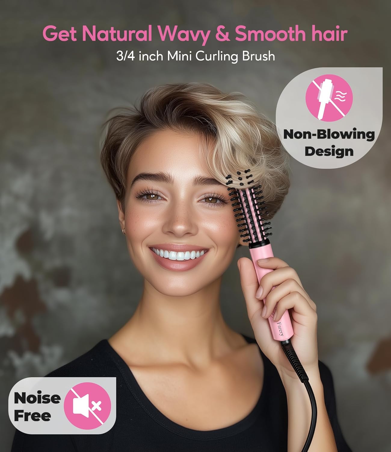 Farery Mini Thermal Brush 3 Temperature Adjustable, 3/4 Inch Travel Curling Iron for Short Hair, Heated Round Brush for Touch ups and Small Curls, Travel Size Curling Wand, Dual Voltage, Pink