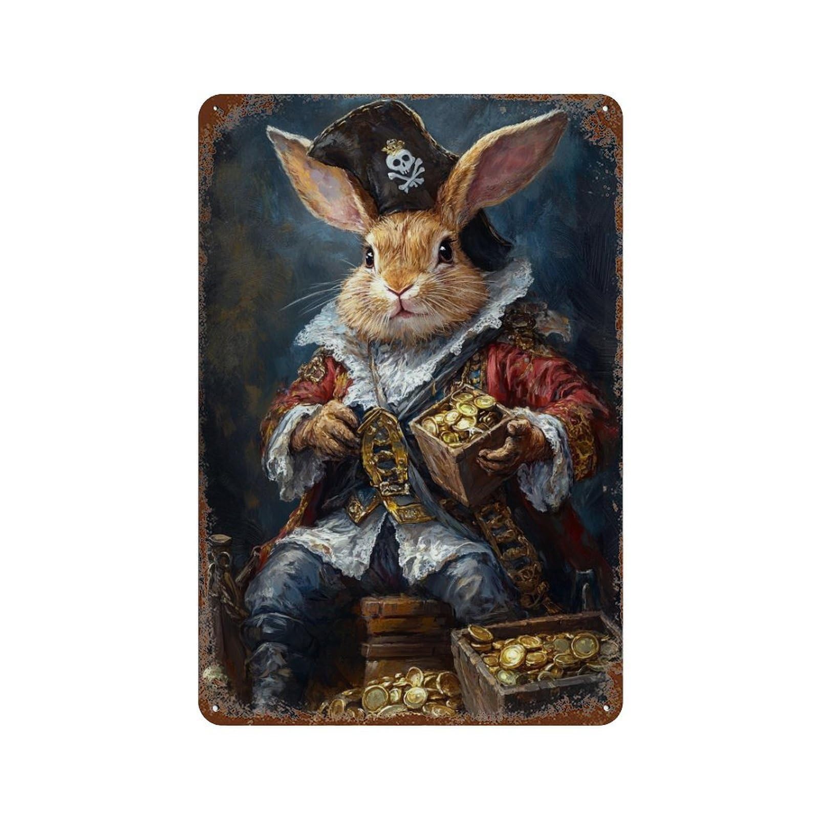 Rust Effect Pirate Bunny Treasure Chest-2 Vintage Rust Metal Sign 11.8"x7.9", Rustic Home Decor for Farmhouse, Kitchen And Entryway Decor
