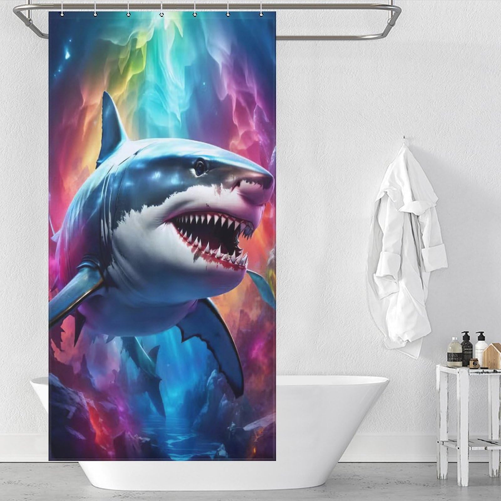 Rideau de douche requin en tissu polyester haut de gamme avec attaches renforcées
