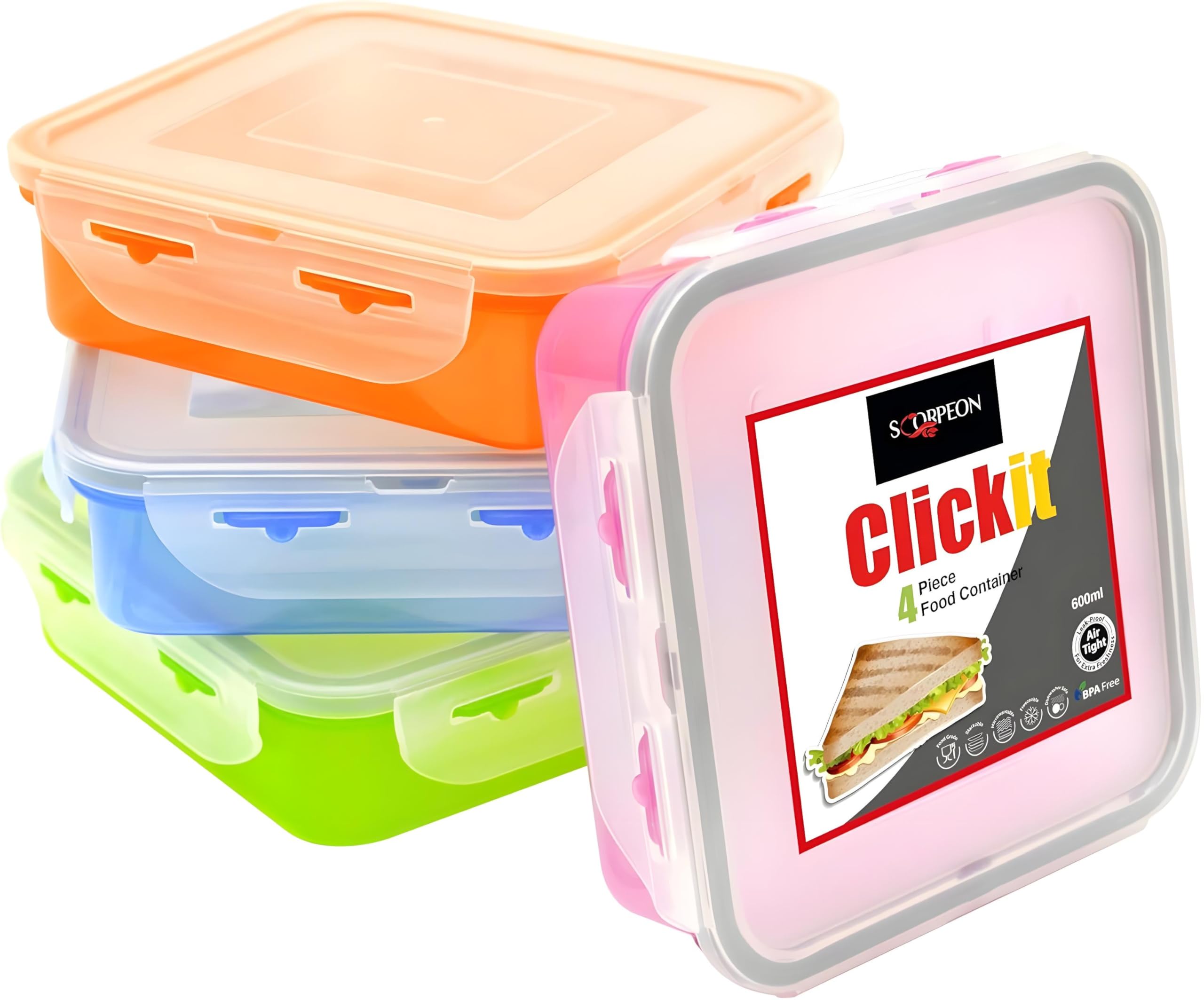 4-Pack 600ml Meal Prep Containers – BPA-Free & Leakproof – Microwave, Freezer, Dishwasher Safe – Airtight Food Storage for Sandwiches, Snacks, School Lunches – Assorted Colours