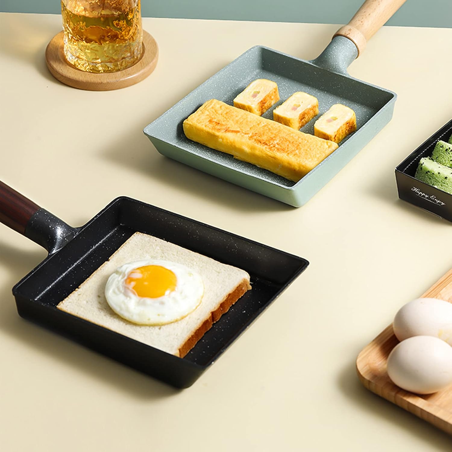Egg Pan,Tamagoyaki Omelette Pan, Japanese Rolled Omelet Pot, Mini Cast Iron Frying Pans with Wooden Handle, Breakfast Essential-Black