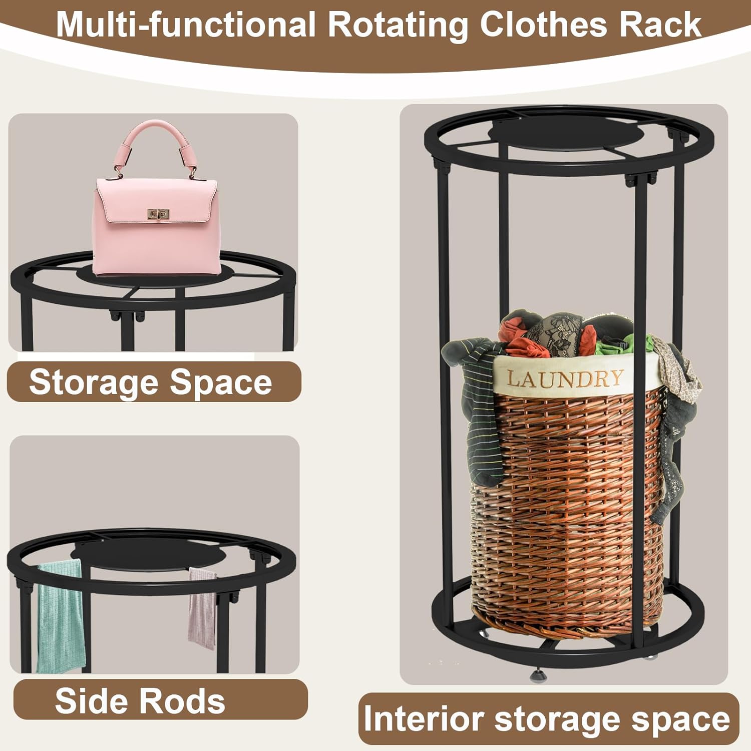 Rotatable Round Garment Display Rack, Floor-Standing Double Space Multi-Purpose Metal Shelf for Clothes Storage, Commercial Clothing Organizer in Retail Boutiques (Black, 27.6"x 51.2")