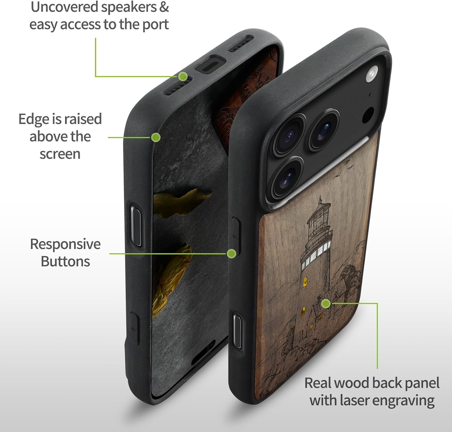 Carveit Magnetic Case for iPhone 17 Pro Case, Wood Artisan Engraved & Handmade Shell Inlaid, TPU Shockproof Cover, Compatible with MagSafe Wireless Chargers (A Flashing Lighthouse-Walnut)