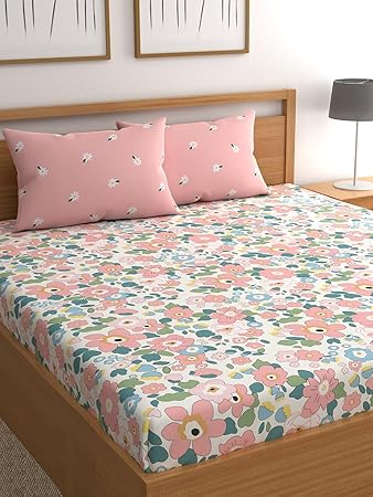 LOOMLYFE XXL Microfiber Soft Cotton Super King Size Bedsheet for Double Bed, King Size 108 Inches X 108 Inches, 9 Feet, 275 X 275 cm with 2 Large Size Pillow Covers Without Joint - PinkFlowers