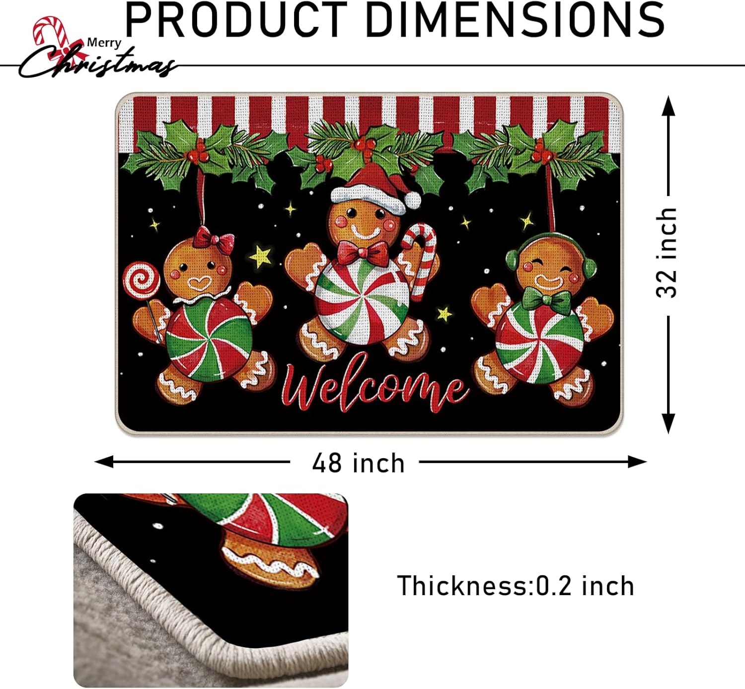 Welcome Christmas Gingerbread Man Decorative Front Door Mat, Xmas Peppermint Candy Doormat Indoor Outdoor Non-Slip Floor Entryway Rug, Winter Holiday Home Kitchen Decoration 32 x 48 Inches