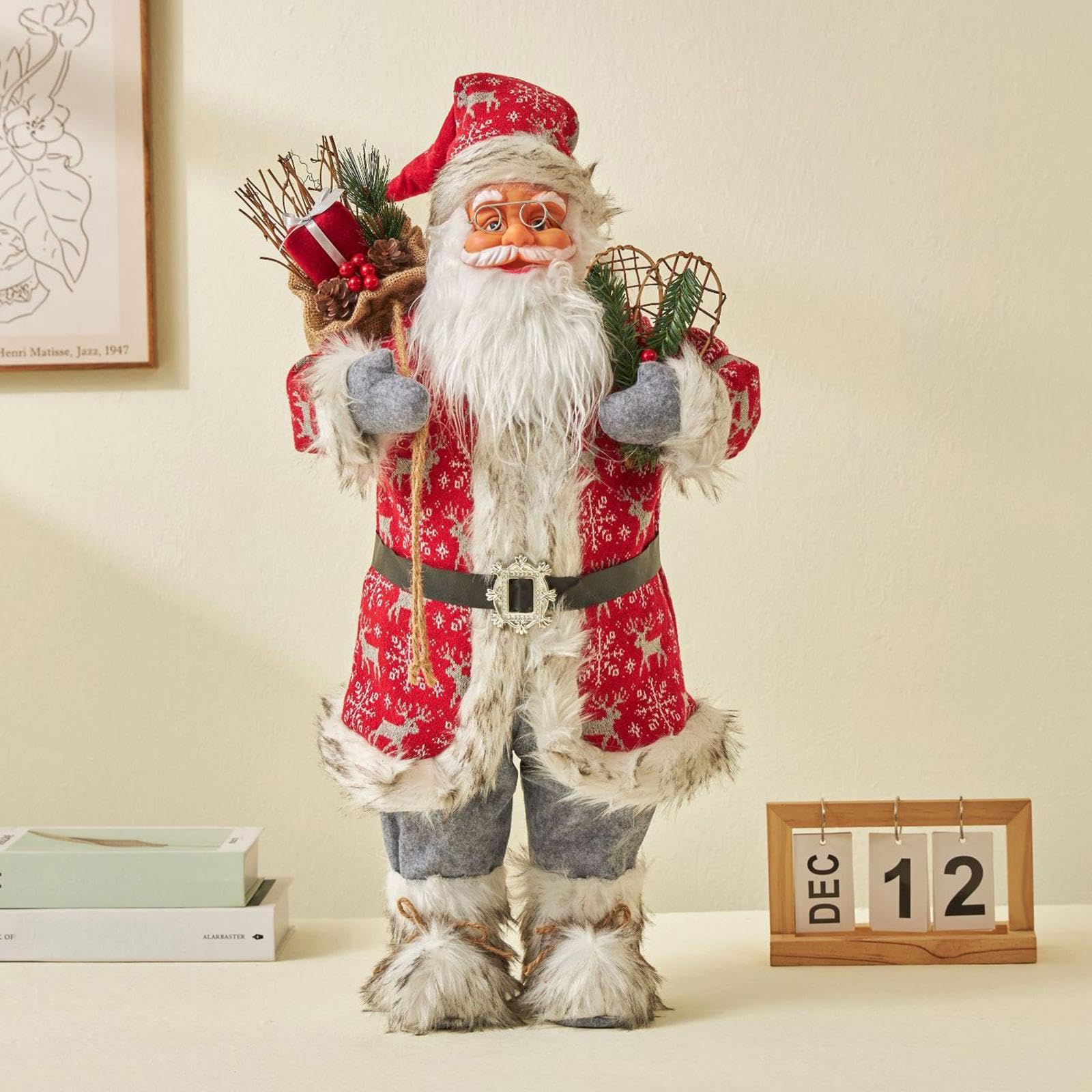 Santa Figur Weihnachtsdeko Puppe Stehend mit Traditionellem Mantel Und Stiefeln Aus Hochwertigem Material für Kamin Esstisch Außenbereich Neujah, 60cm