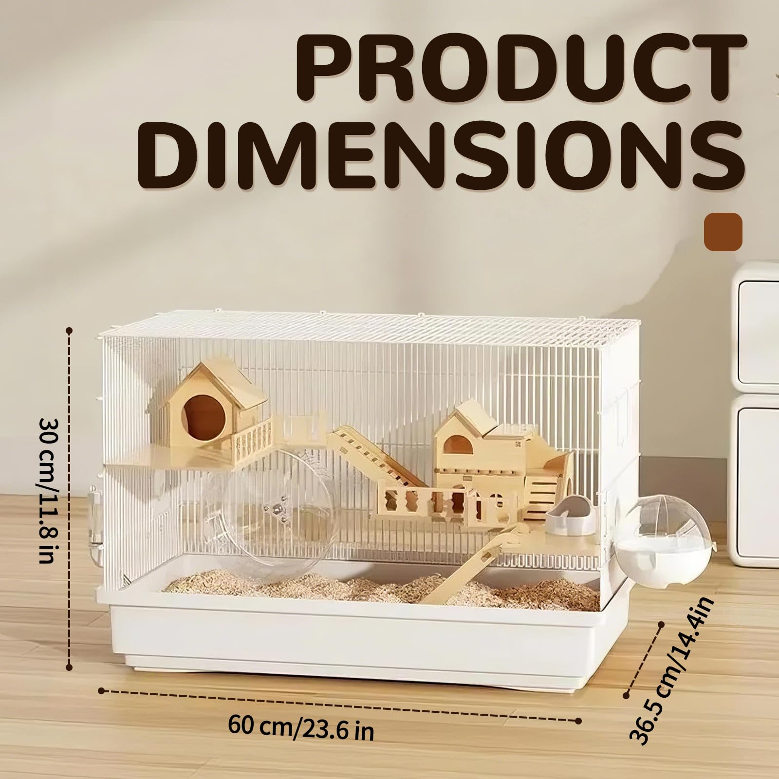 Gabbia per criceti 3 ripiani, gabbia per animali piccoli, resistente al morso, dotata di girante, borraccia e set di accessori da 10 pezzi, 60 x 32 x 40 cm, gabbia per criceti in legno, facile da
