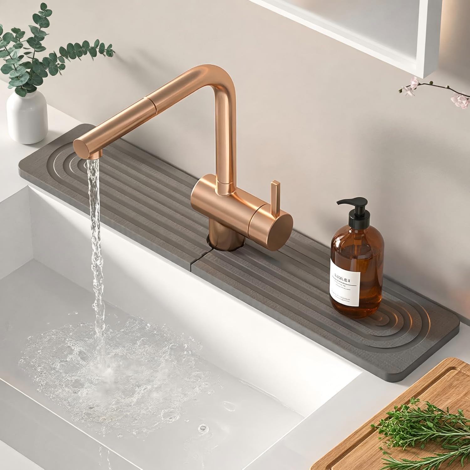 Faucet Mat for Kitchen Sink, Diatomite Fast Drying Stone Sink Tray, Super Absorbent Stone Splash Guard Drip Mat for Kitchen and Bathroom Counter (Square, Dark Grey, 40x10cm)