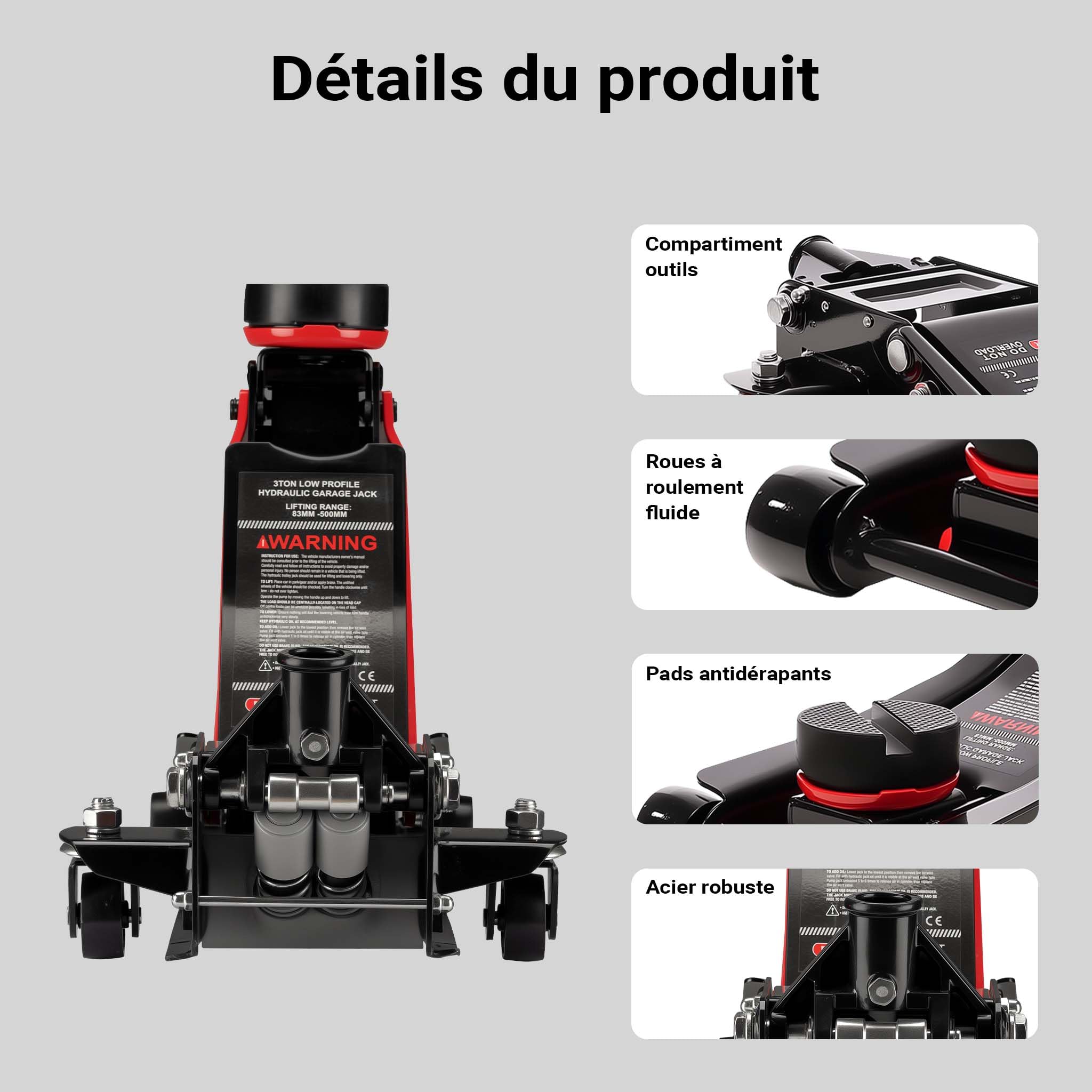 XPOtool Cric hydraulique de Plancher manœuvrable de 3T Poids 29 kg Hauteur de Levage 85-500mm avec Piston Double Levage Voiture Garage Atelier Cric de Sol Accessoires de Garage et Atelier Auto