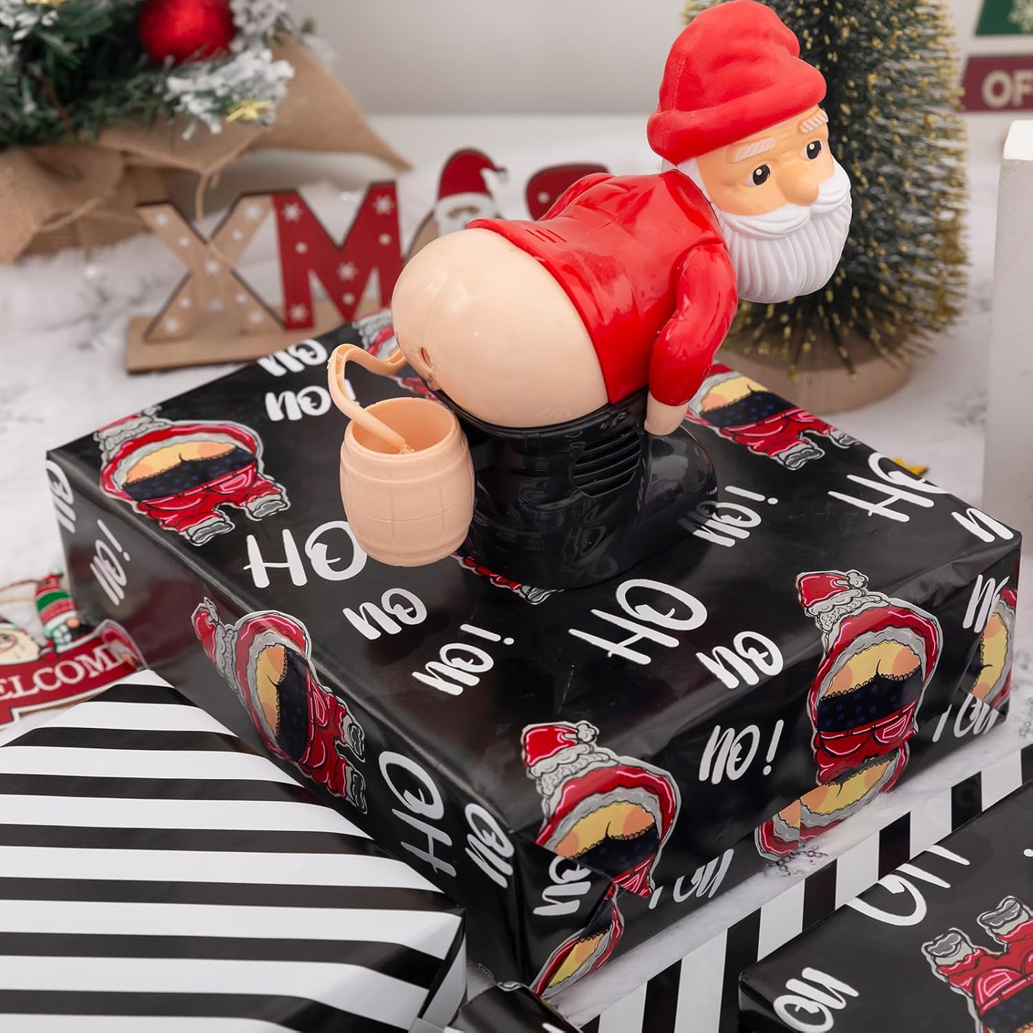 Vnaaem Funny Christmas Wrapping Paper Roll for Men Women Adult (Black Funny Santa, 17 In X 100 Ft)
