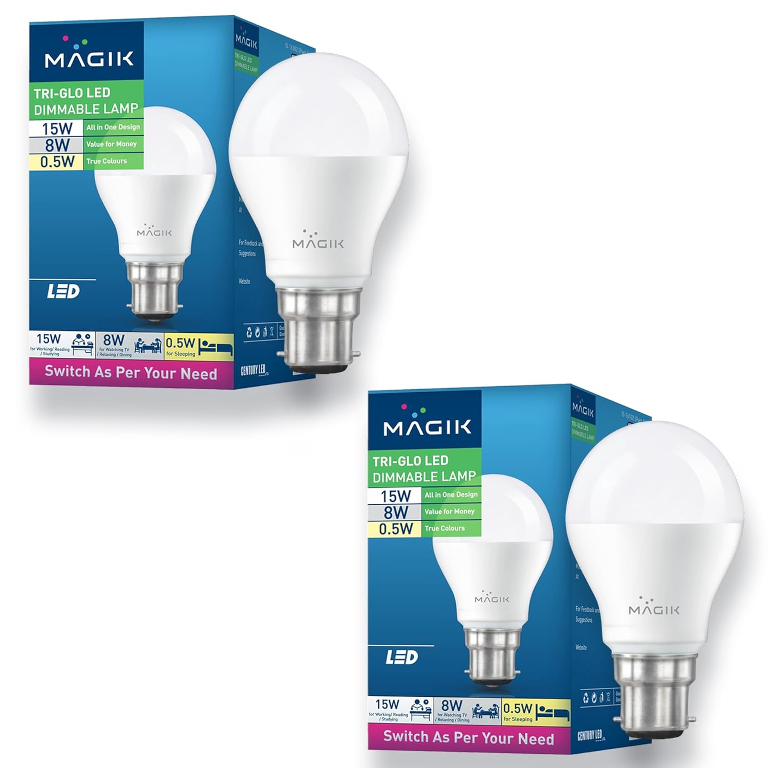 MAGIK TriGlo 3‑in‑1 Dimmable LED Bulb | Adjustable 15W/8W/0.5W | Ideal for Ambient, Task & Night Lights | B22 Base | Energy‑Saving | Pack of 2