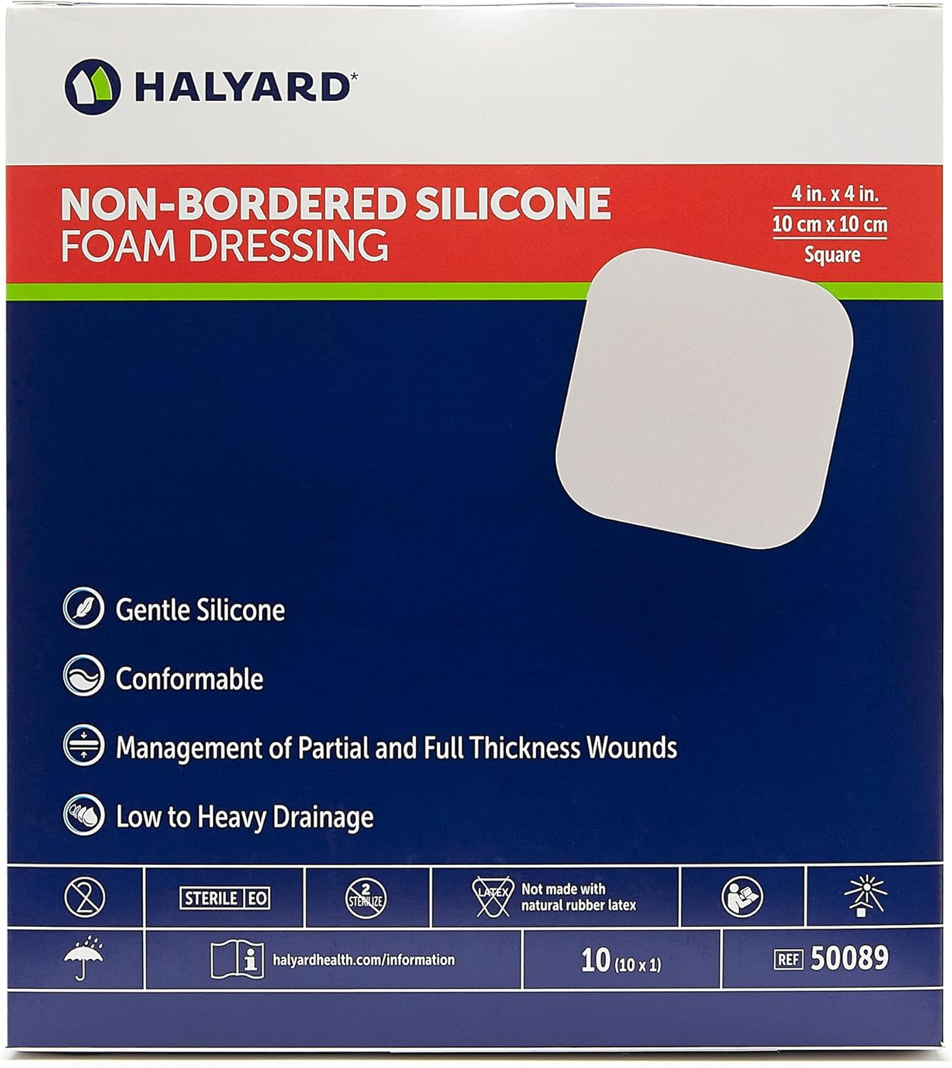 HALYARD Non-Bordered Silicone Foam Wound Dressing, Gentle Adhesive Superabsorbent Core, Conformable & Breathable Water Resistant Protective Film Backing 4 Inch x4 Inch (Box of 10)