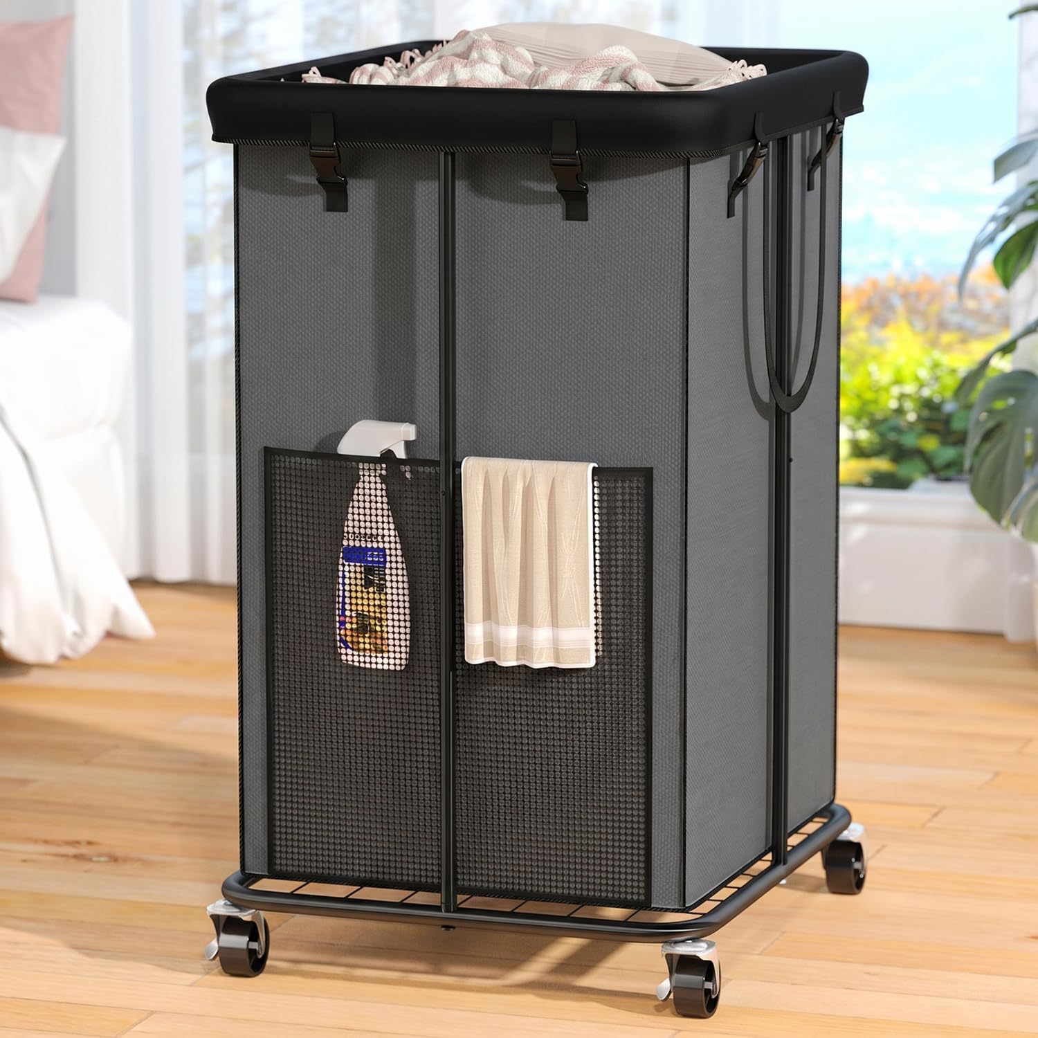150L Laundry Hamper with Wheels, Rolling Laundry Basket with Metal Frame and Removable Bag, Large & Tall Dirty Clothes Hampers for Bedroom Aesthetic, Laundry Room, Bathroom, Dorm-Grey