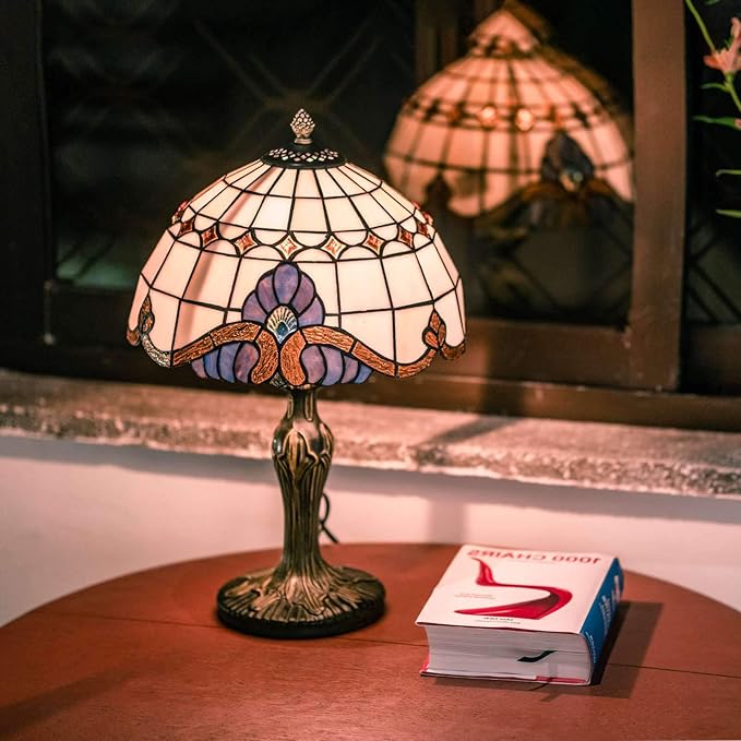 Afirst Afirst Tiffany Style Table Lamp, Stained Glass Shade with Blue Peacock Design, Bronze Base photo 3