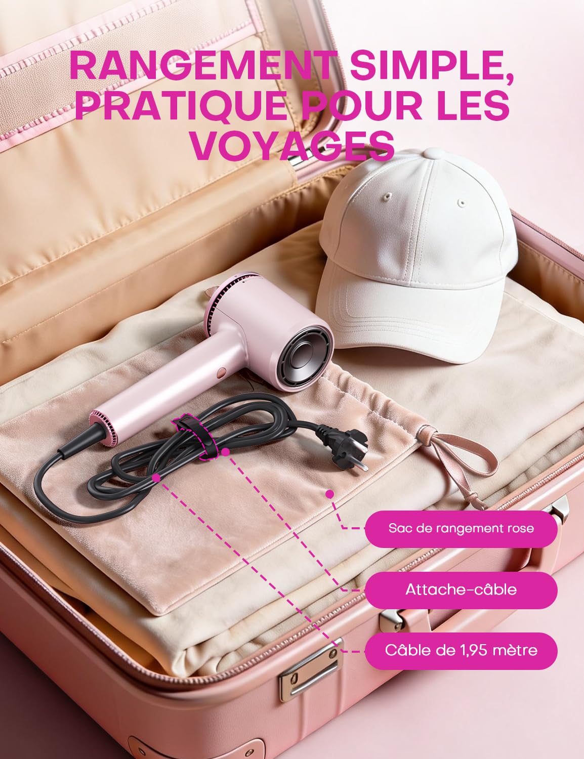 Seche cheveux ionique pour femme, seche cheveux 1600W 110000 RPM, seche cheveux diffuseur boucle, 2 vitesses 4 températures, seche cheveux de voyage, rose