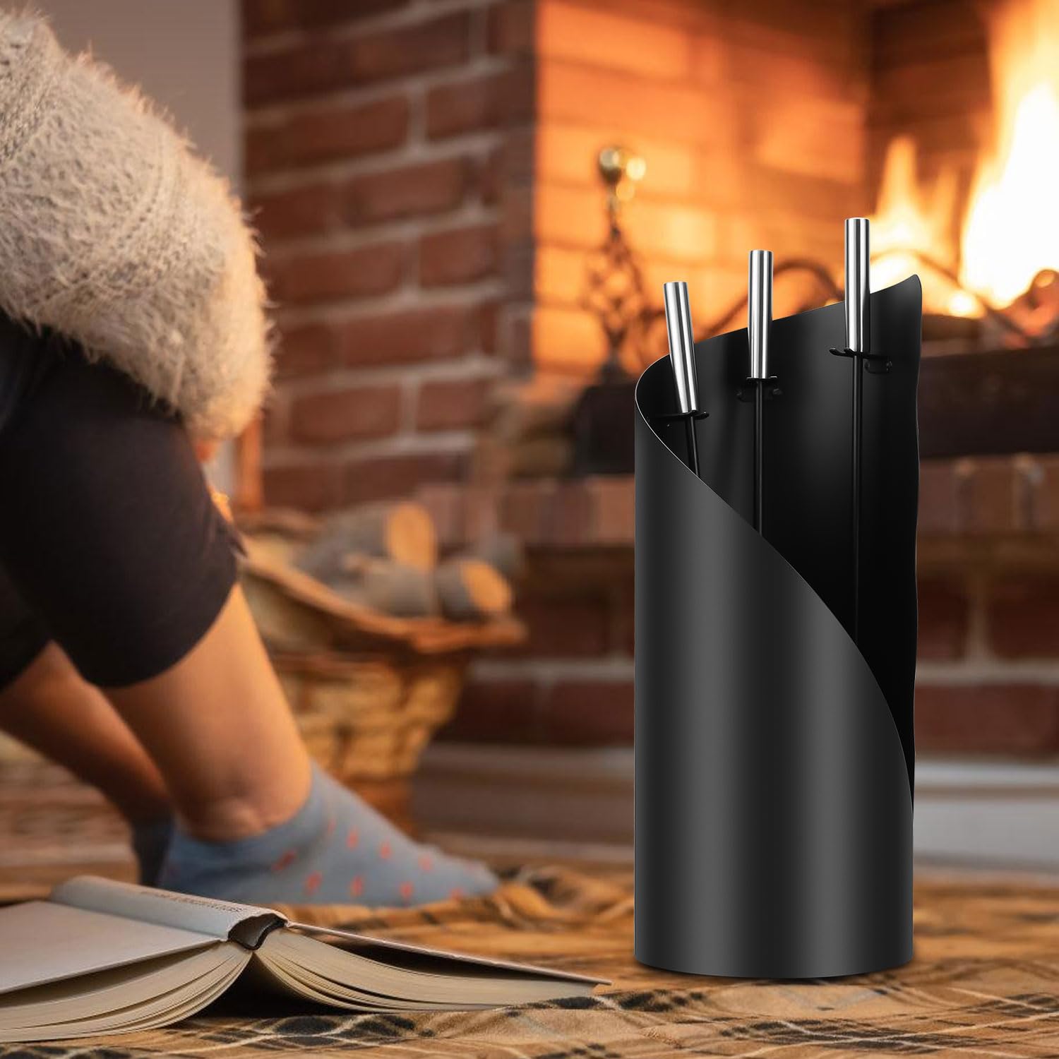 Set di posate per camino, 4 Pezzi, Set di posate per camino, con scopa, pala, gancio in ferro, supporto, Attrezzi per camino con manici in acciaio inox, Attrezzi Camino Moderni