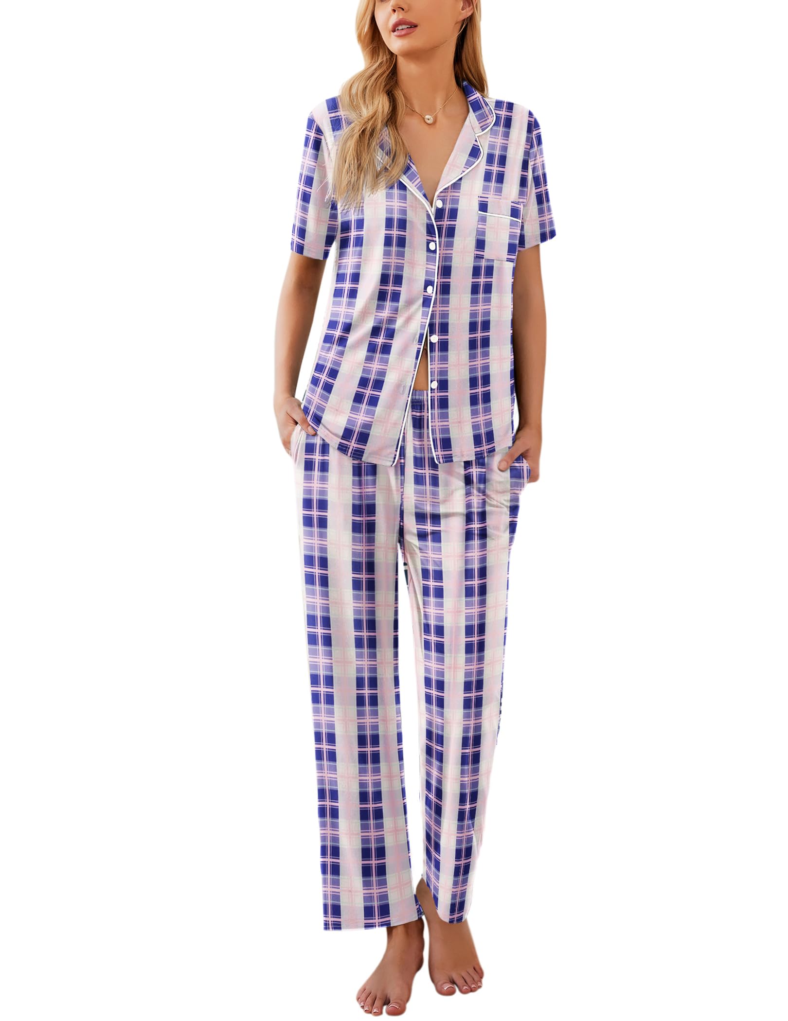 Ekouaer Womens Pajamas Set Print PJs Button Down Soft Sleepwear Short Sleeve Nightwear with Long Pants