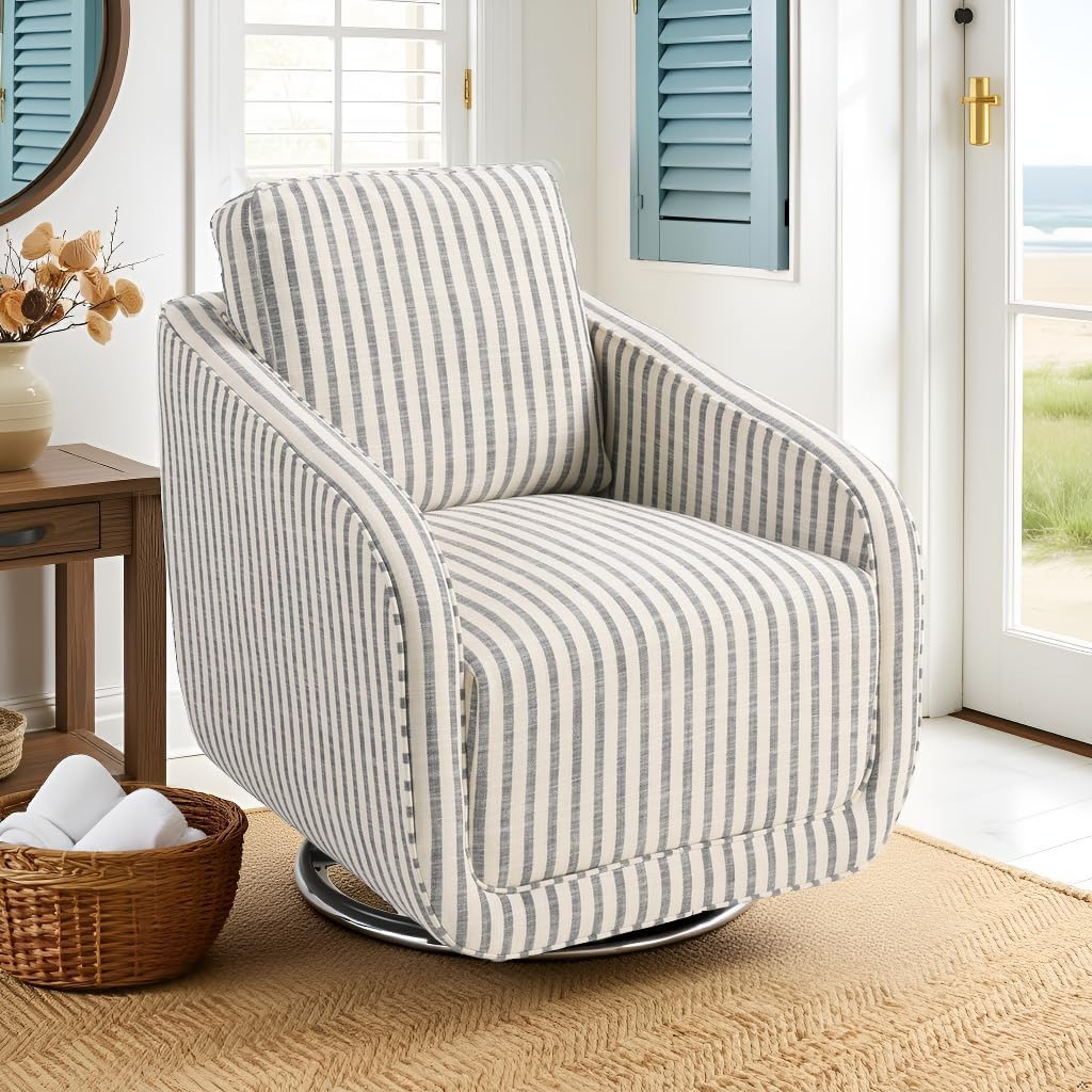 Swivel Barrel Accent Chair, 360 Degree Comfy Swivel Reading Chair with Removable Back, Modern Sofa Chair with Oversize Base for Living Room, Bedroom, Office, Fully Assembled (1, Blue Stripe)