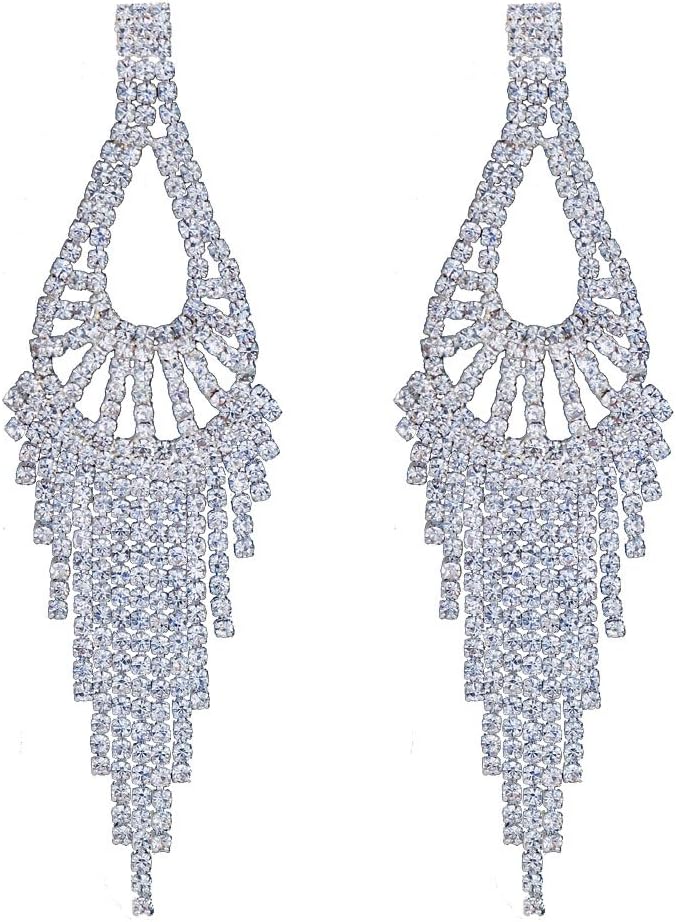 CHRAN Silver Teardrop Crystal Long Tassels Dangle Earrings Sparkling Rhinestone Ladies Gifts