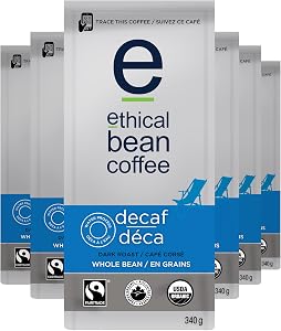 Ethical Bean Fairtrade Organic Coffee, Decaf Dark Roast, Whole Bean Coffee