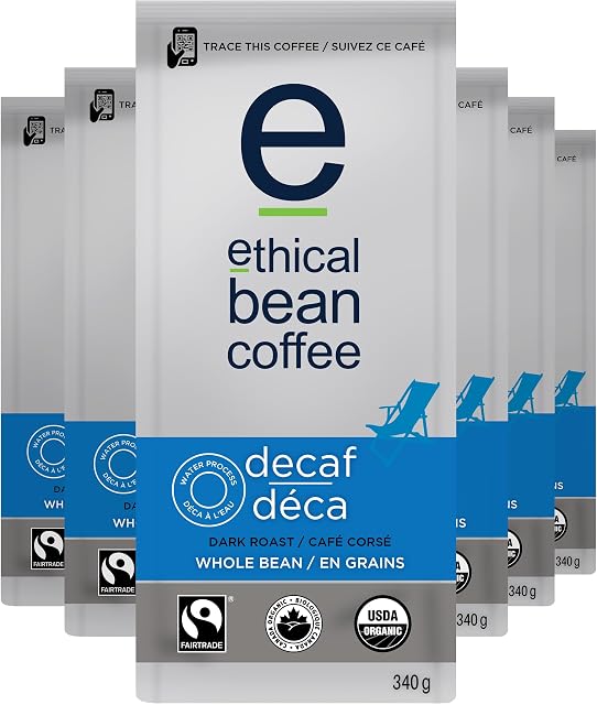 Ethical Bean Fairtrade Organic Coffee, Decaf Dark Roast, Whole Bean Coffee