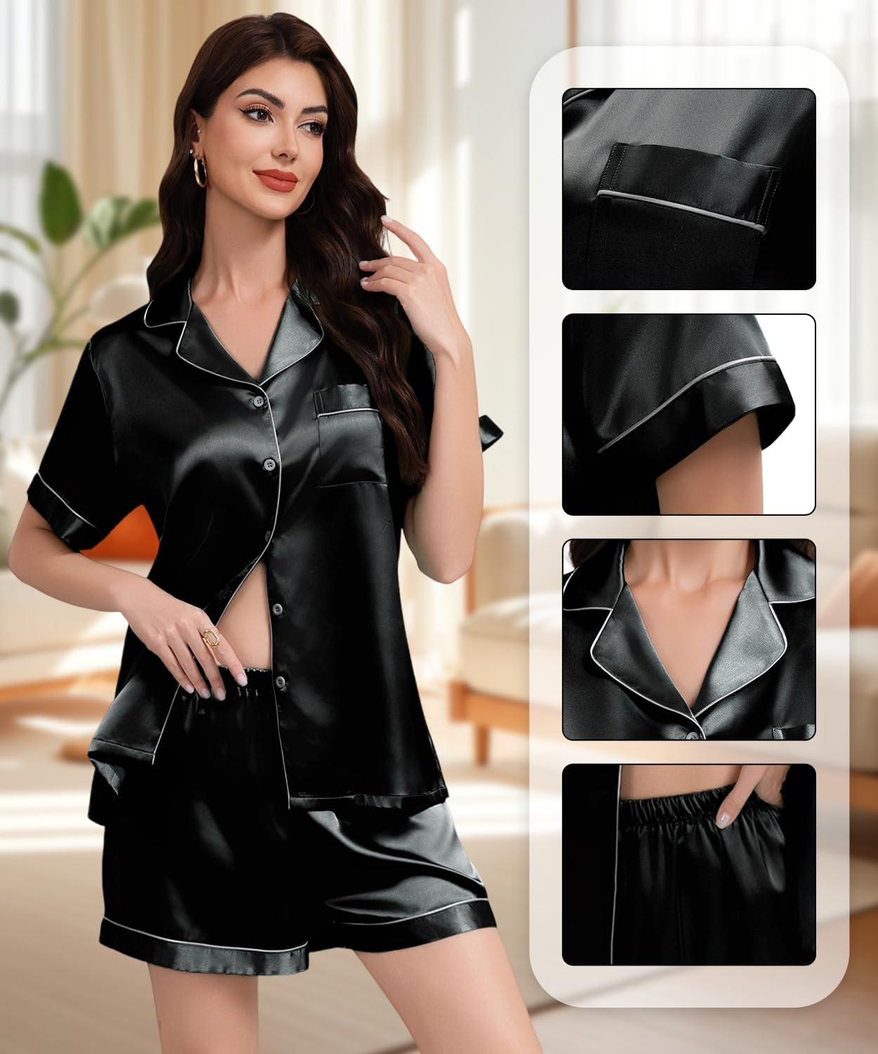 Maxbee Silk Satin Pajama Short Set for women, 2 Piece Silk Pjs Shorts for Summer, Button Down Pajama Sets Pj Sets - Image 4