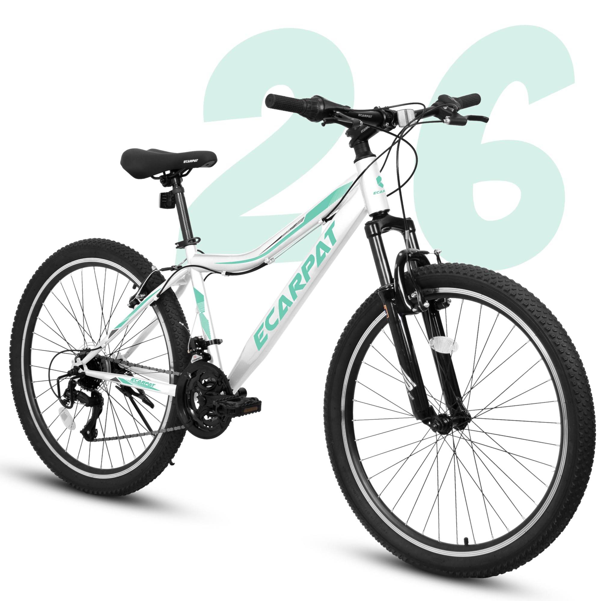 Ecarpat 26 Inch Mountain Bike, V Brakes 21 Speeds Women Mens Bike, Steel Frame and Suspension Fork, Adult and Teens Sport Bicycle for Urban Trail Snow Commuter White