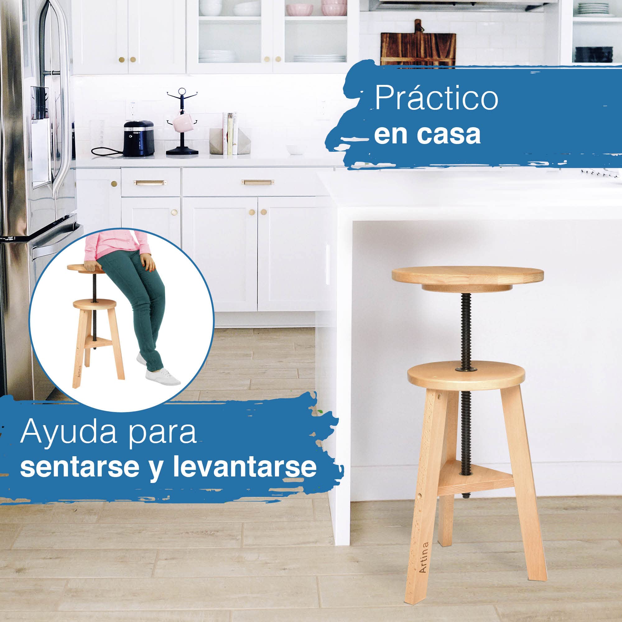 Artina Arles Taburete Redondo de Madera para Pintar – Taburete de Madera Ajustable en Altura, Taburete de Studio – Taburete de Taller con 3 piernas de Madera de Haya masiva – Taburete Giratorio