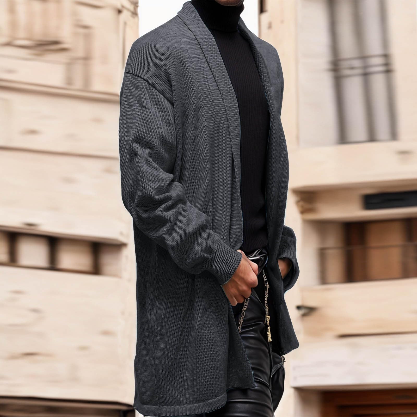 Generisch Cardigan da uomo a maniche lunghe, lungo, leggero, casual, elegante, tinta unita, per autunno, oversize, outerwear