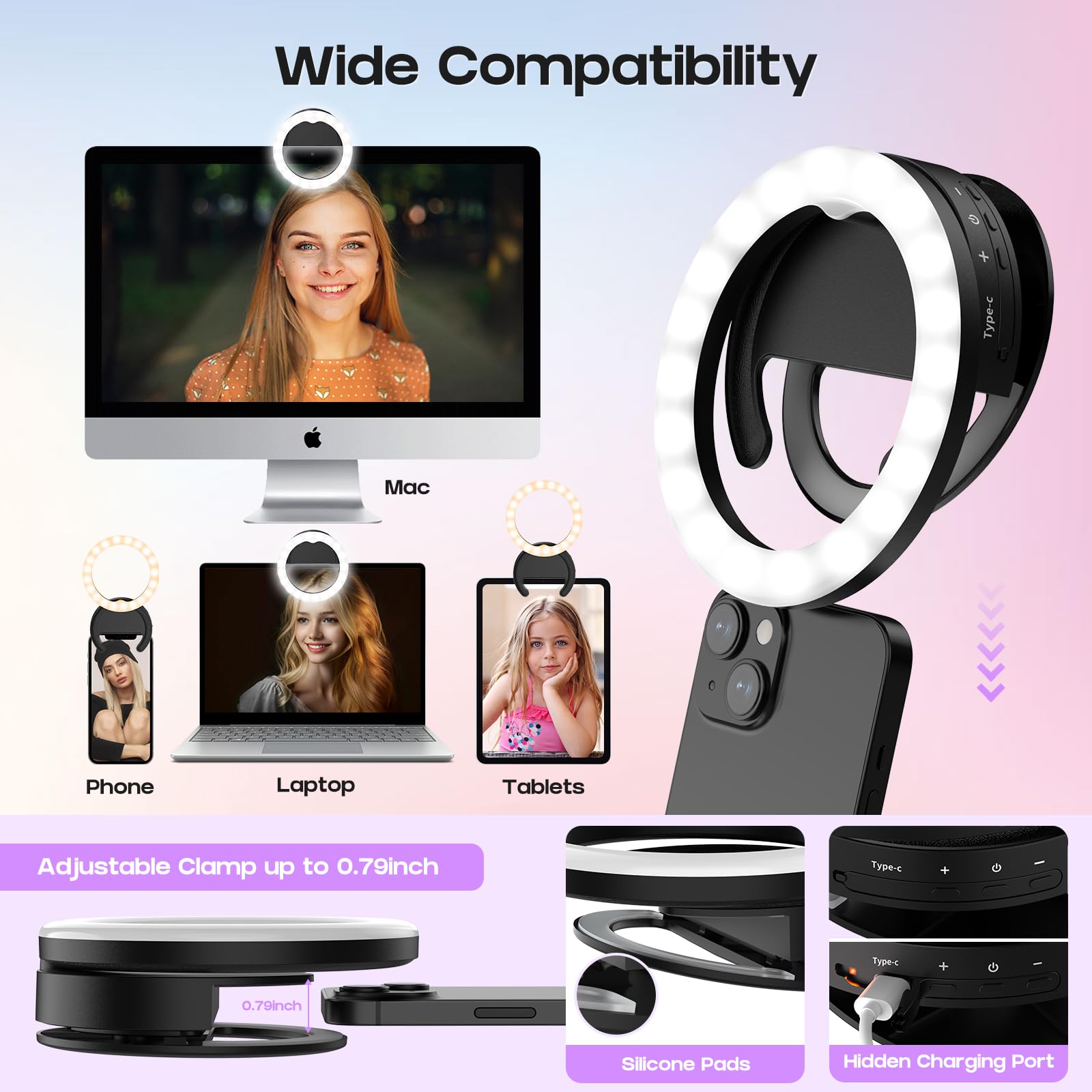 RealPlus Ring Light Telefono[Ruotabile], Regalo Donna Compleanno, Selfie Luce ad Anello Ricaricabile con Clip & 40 LED, Luce per Selfie per Foto, Video, Laptop, TikTok, Stream, Trucco, Instagram -Nero