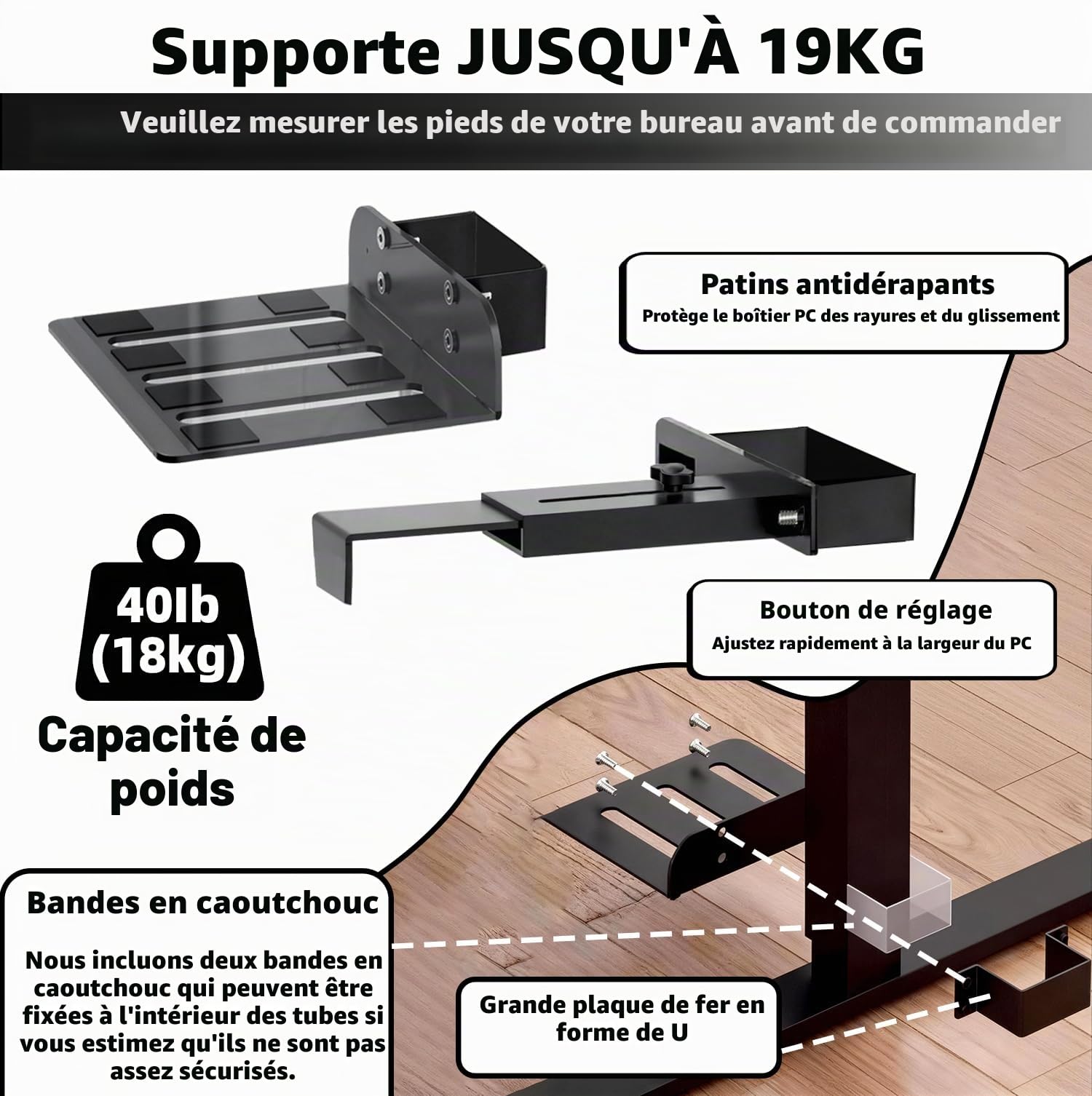 Support PC sous Bureau,Support pour PC Robuste de 20 Kg, Excellente Circulation de L’Air,pour Boîtier Ordinateur(Applicable Uniquement Aux Pieds de Table Mesurant 65 Mm X 45 Mm), Noir