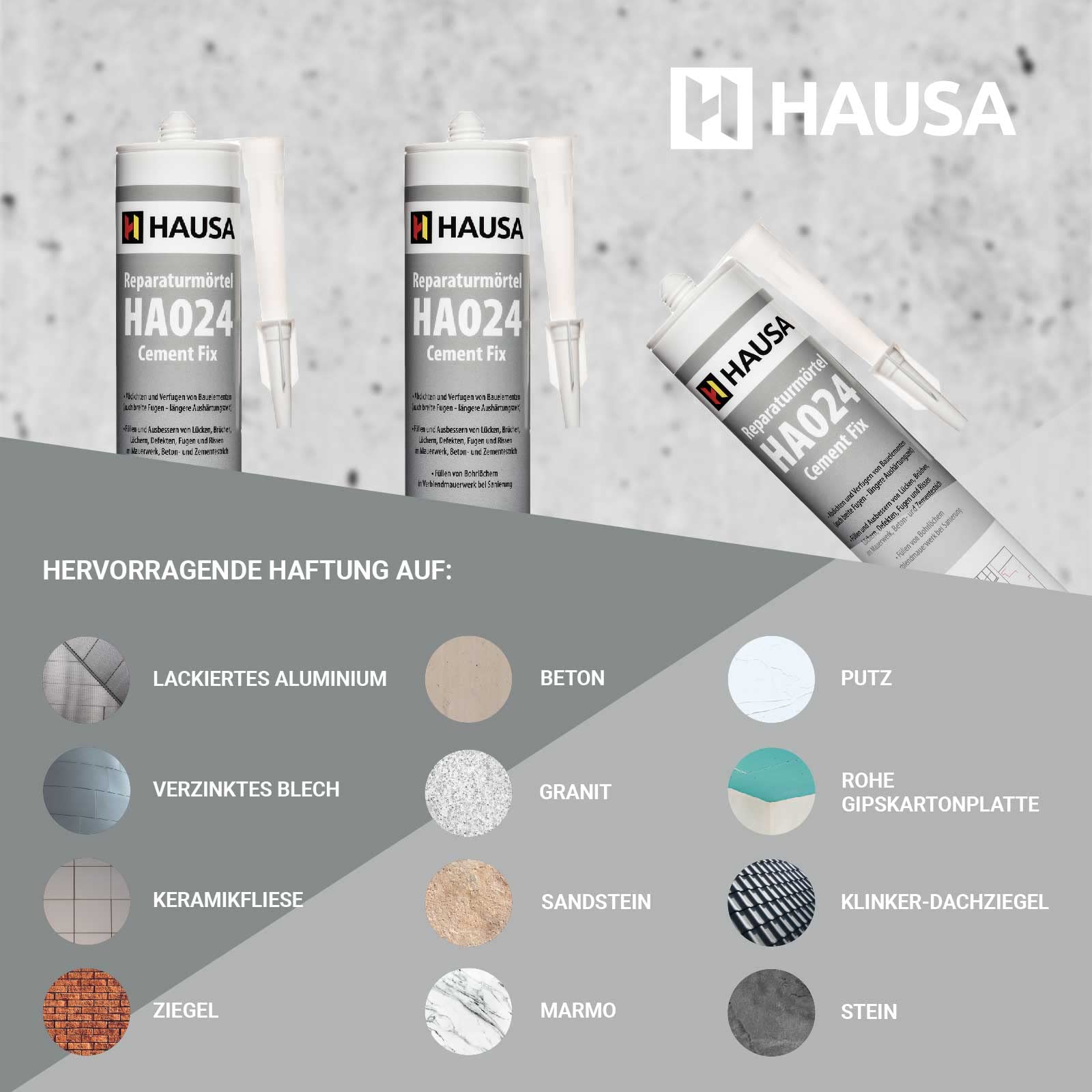 HAUSA Malta di riparazione Cement Fix HA024, 5 x 310 ml, grigio cemento, pronto all'uso per stuccatura, riempimento di fughe, rotture, cemento espresso per interni ed esterni, sigillante