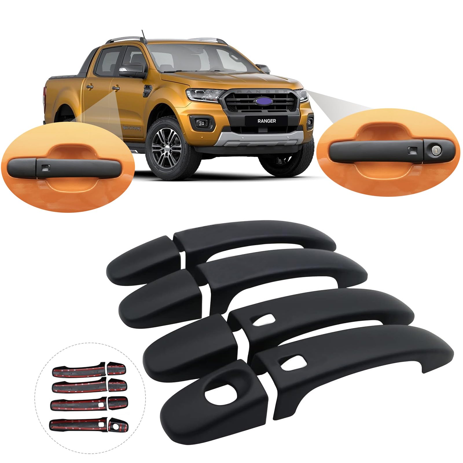 Protezione della copertura della maniglia della porta laterale per Ford Ranger Wildtrak Raptor 2015-2022 T7 T8 Wildtrak X Platinum XL XLT Limited Tremor MK2 MK3 (maniglia senza chiave)