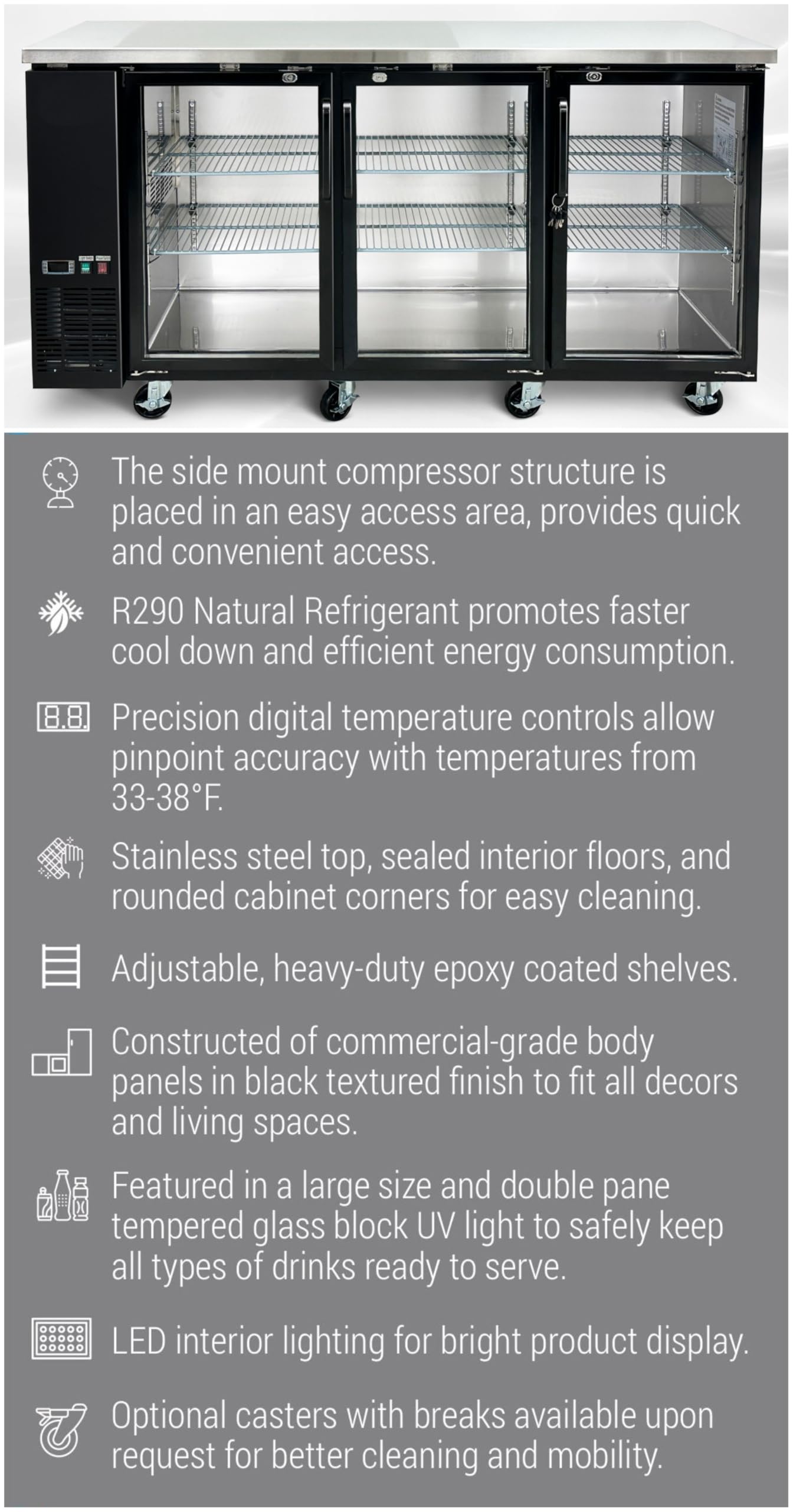 Elite Kitchen Supply Commercial Back Bar Beer Refrigerator, Etl Restaurant Upright Under Counter Stainless Steel Display Fridge Cooler Merchandiser, Glass Door, LED Lighting, 72" W 19.6 Cu.Ft.. Black on Fridge.com - View 5