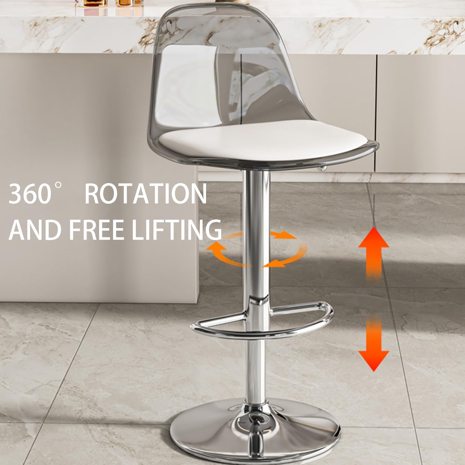 Tabourets de bar pivotants avec dossier, pieds en métal, design transparent – Tabourets de comptoir modernes pour îlot de cuisine et bar de petit déjeuner, sièges de table pour salle à manger