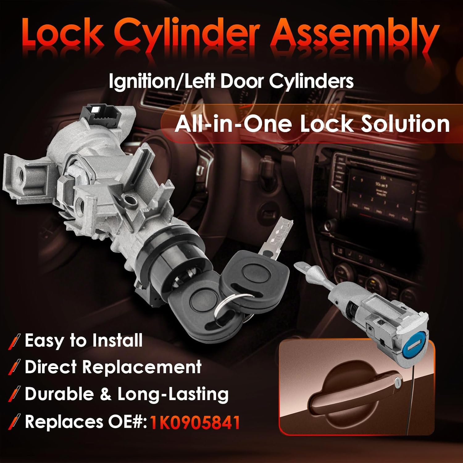 Ignition Switch Lock Cylinder Assembly with Left Door Lock, Compatible with 2011-2018 Volkswagen VW Jetta, w/Remote Key (ID48 Chip 433MHZ Freq), Replaces# 1K0905851B, 5C6837167 - Image 2